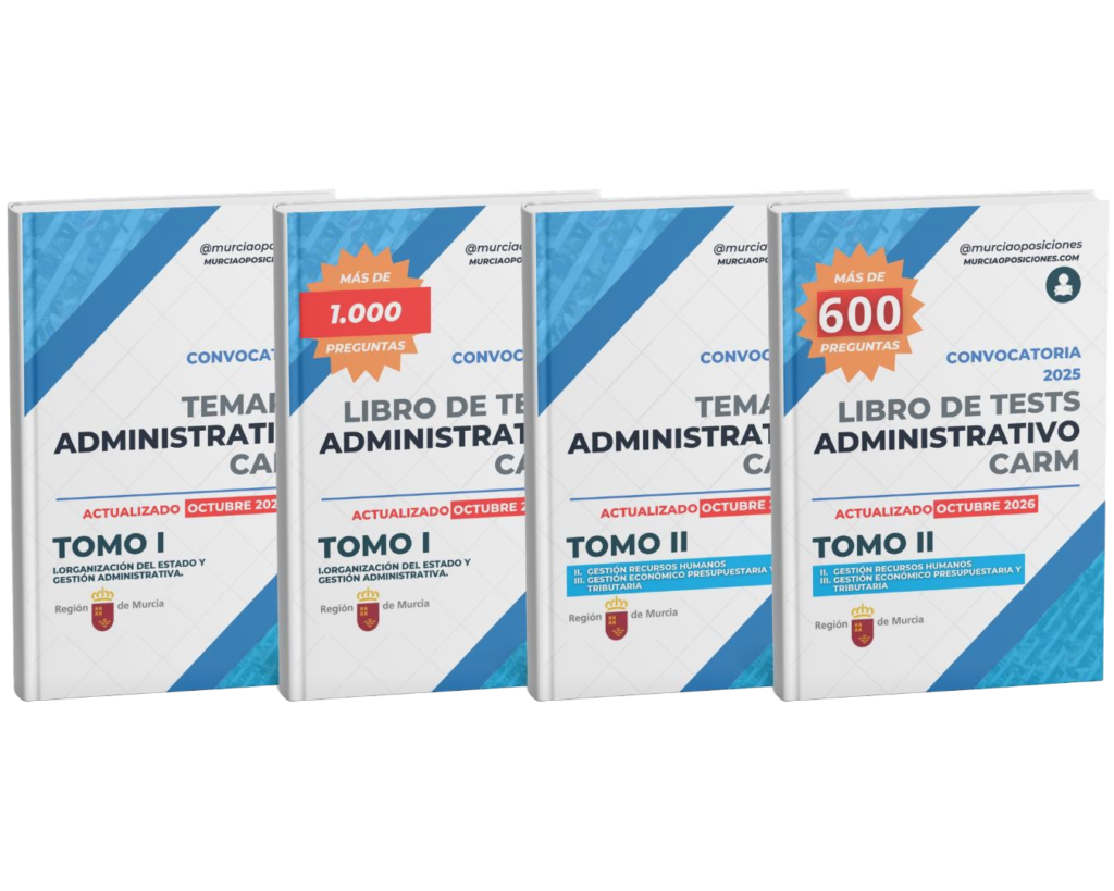 Inicio - Temarios y tests oposiciones CARM 1 Pack completo Administrativo CARM actualizado en octubre de 2026 con los cuatro libros: Tomo I, tests Tomo I, Tomo II y tests Tomo II